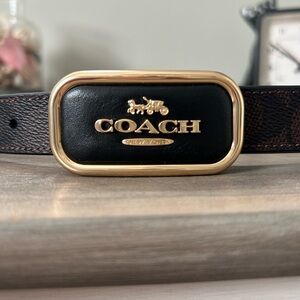 Coach Reversible Leather Belt – Brown Signature / Black – Gold Logo Buckle – 36”